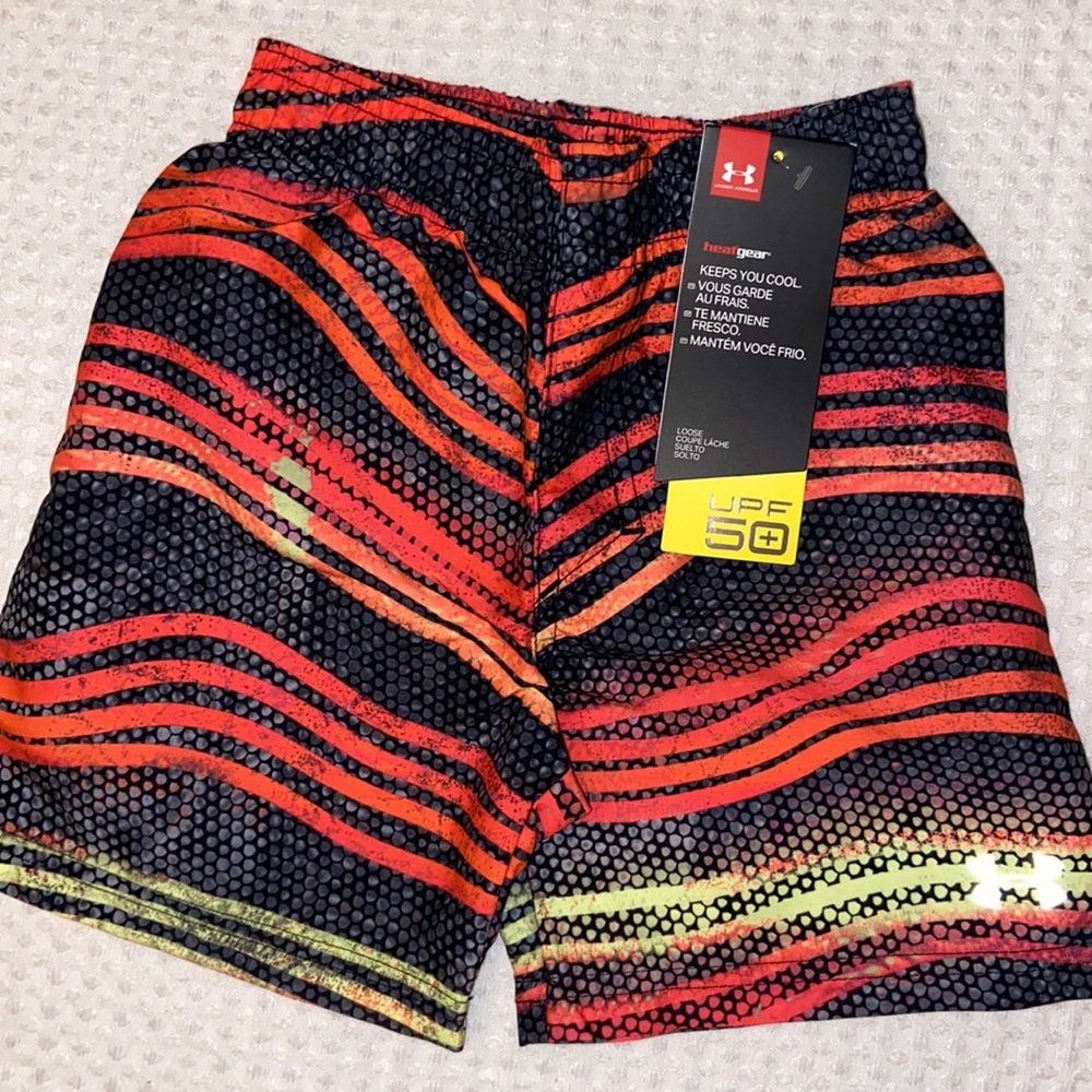 NEW! UNDER ARMOUR Youth Board Shorts Swim Trunks Orange Spark Gray Stripe 2T